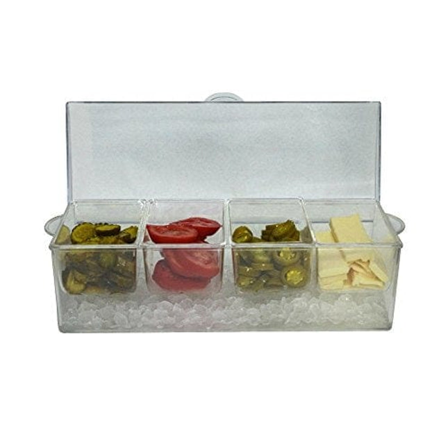 Large Clear Condiment Server Organizer on Ice with Containers and Lid – Serving Bar Compartments Hold 20 oz Portion and Plastic Box Tray are BPA Free – Chilled Caddy Dispenser Set Holds 10 Cups