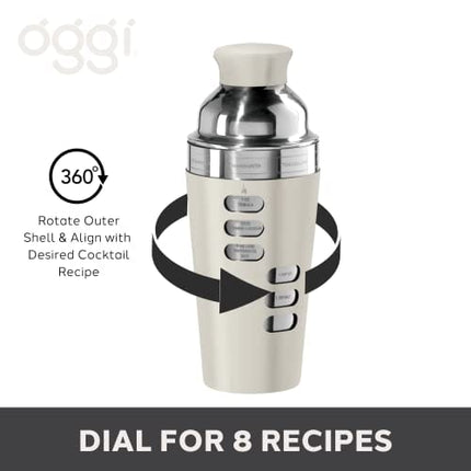 OGGI Dial A Drink Cocktail Shaker-23oz Stainless Steel Shaker, 8 Recipes, Stainless Steel Lid has Built In Strainer, Ideal Cocktail Mixer, Martini Shaker, Margarita Shaker & More, Stainless
