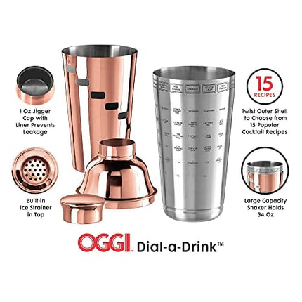 OGGI Dial A Drink Cocktail Shaker - Copper Plated, 15 Recipes, 34 oz - The Original and Only Dial A Drink - Ideal Home Bar Drink Mixer, Bartender Kit, Essential Bar Accessories