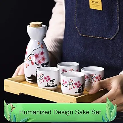 5 Pcs Sake Set Traditional Japan Sake Cup Set Hand Painted Design Porcelain Pottery Ceramic Cups Crafts Wine Glasses (Pink Flower, 200 ML)