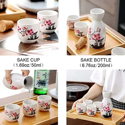 5 Pcs Sake Set Traditional Japan Sake Cup Set Hand Painted Design Porcelain Pottery Ceramic Cups Crafts Wine Glasses (Pink Flower, 200 ML)