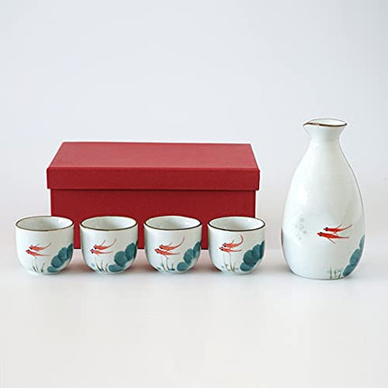 Sake Set Japanese Gifts 5 Pieces Traditional Japanese Sake Cup Set 4 Ochoko Cups +1 Tokkuri Bottle Hand Painted Design Porcelain Pottery Ceramic Cups Crafts Wine Glasses (Red Fish, 280 ML)