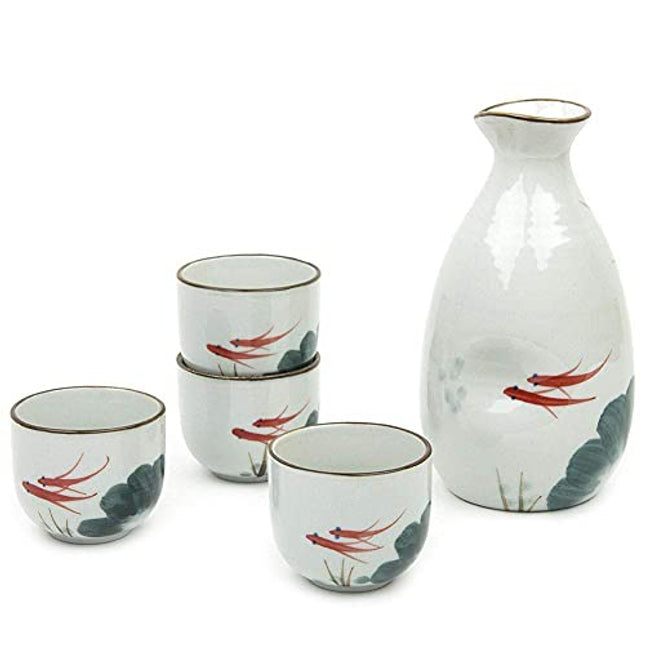 Sake Set Japanese Gifts 5 Pieces Traditional Japanese Sake Cup Set 4 Ochoko Cups +1 Tokkuri Bottle Hand Painted Design Porcelain Pottery Ceramic Cups Crafts Wine Glasses (Red Fish, 280 ML)