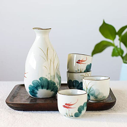 Sake Set Japanese Gifts 5 Pieces Traditional Japanese Sake Cup Set 4 Ochoko Cups +1 Tokkuri Bottle Hand Painted Design Porcelain Pottery Ceramic Cups Crafts Wine Glasses (Red Fish, 280 ML)