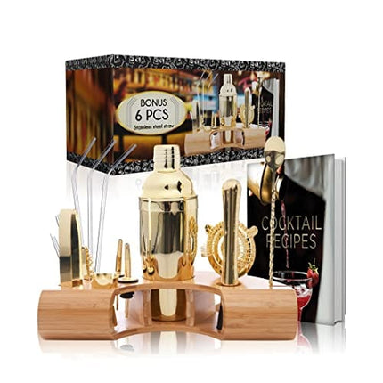 Gold Bartender Kit Plus Receive 6 Stainless Steel Straws and Recipe Book by Omishome | Drink Shakers Cocktail Set | Cocktail Set Bartender Kit | Bar Shaker Set | Bar Kits for Bartender
