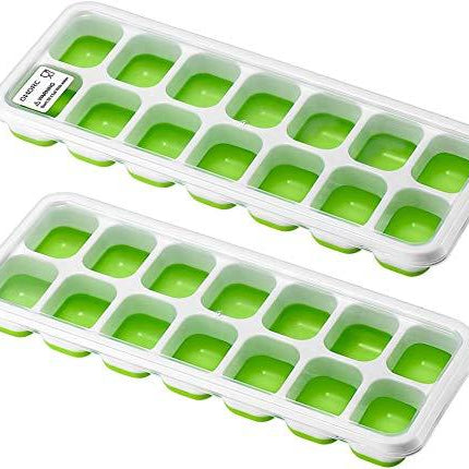 OMORC Cube, Easy-Release Silicone and Flexible 14-Ice Trays with Spill-Resistant Removable Lid, LFGB Certified and BPA Free, 5.Green 2 Pack