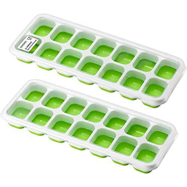 OMORC Cube, Easy-Release Silicone and Flexible 14-Ice Trays with Spill-Resistant Removable Lid, LFGB Certified and BPA Free, 5.Green 2 Pack