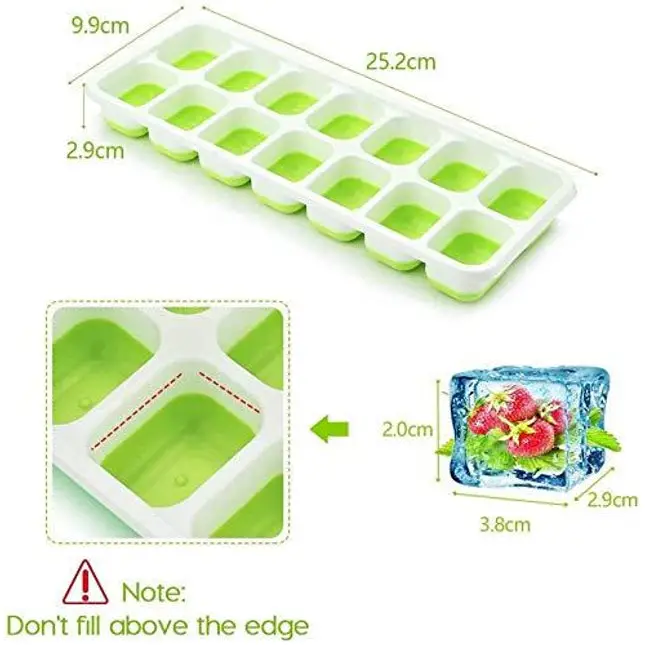 OMORC Cube, Easy-Release Silicone and Flexible 14-Ice Trays with Spill-Resistant Removable Lid, LFGB Certified and BPA Free, 5.Green 2 Pack