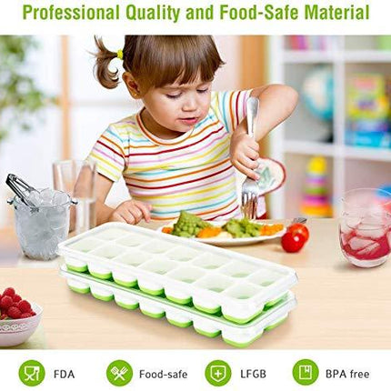 OMORC Cube, Easy-Release Silicone and Flexible 14-Ice Trays with Spill-Resistant Removable Lid, LFGB Certified and BPA Free, 5.Green 2 Pack