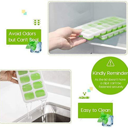 OMORC Cube, Easy-Release Silicone and Flexible 14-Ice Trays with Spill-Resistant Removable Lid, LFGB Certified and BPA Free, 5.Green 2 Pack