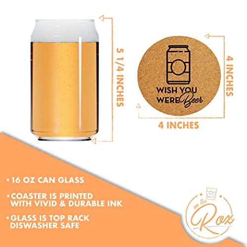 On The Rox Drinks Beer Can Glasses Set of 4- Can Shaped Beer  Glass Cups - Holds 16 Oz- Cork Coasters Included in Set- Soda Pop Can  Shaped Beer Glasses