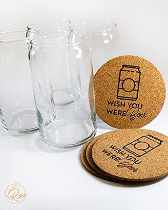 Beer Can Glasses Set of 4- Can Shaped Beer Glass Cups - Holds 16 Oz- Cork Coasters Included in Set- Soda Pop Can Shaped Beer Glasses are Nucleated for Better Tasting Beer