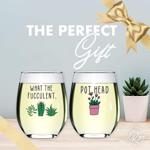 pothead succulent poster On The Rox Drinks Succulent Plant Cactus Gifts for Women- Set of 2 Funny Wine Glasses 15oz - Plant Lover Gift Mug