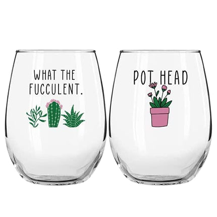 Succulent Plant Cactus Gifts for Women- Set of 2 Funny Wine Glasses 15oz - Plant Lover Gift Mug - What the Fucculent- Pot Head Crazy - Plant Lady Wine Glass Tumbler - Custom Stemless Wine Glasses