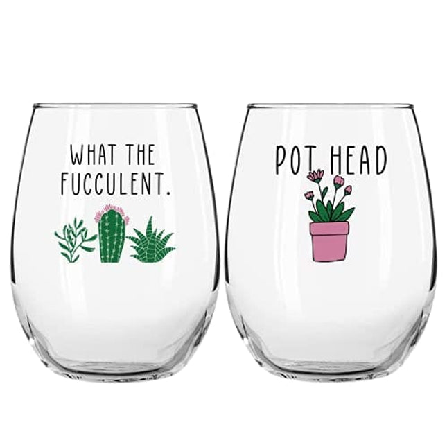 Succulent Plant Cactus Gifts for Women- Set of 2 Funny Wine Glasses 15oz - Plant Lover Gift Mug - What the Fucculent- Pot Head Crazy - Plant Lady Wine Glass Tumbler - Custom Stemless Wine Glasses