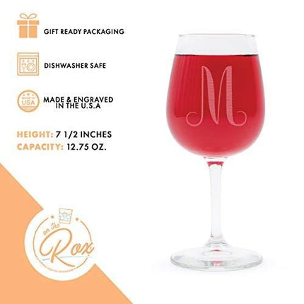 Monogram Engraved Wine Glass - 12.75 Ounce - Personalized Etched Glass for Bridesmaids, Women, Red and White Wine Enthusiasts -Decorated Novelty All Purpose Glass- By On The Rox Drinks