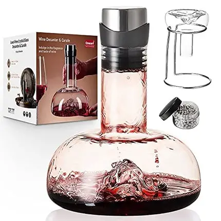 Onearf Wine Decanter, Iceberg Red Wine Breather Carafe with Aerator, Stand, and Cleaning Beads, Lead-free Crystal Glass, Wine Gifts for Christmas (1200ML)