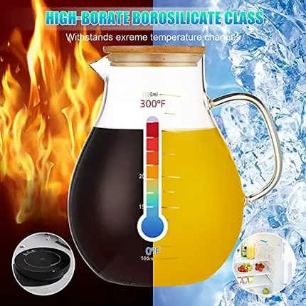 95 Ounce Large Glass Pitcher with Lid and Handle - Heat Resistant Borosilicate Beverage Carafe for Juice and Iced Tea