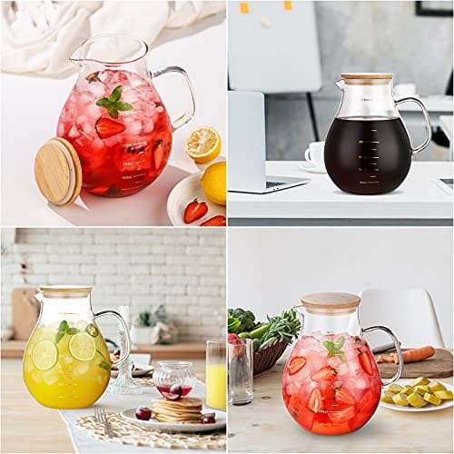 2.0 Liter Clear Glass Pitcher with Handle, Lid and Spout for Water, Iced  Tea, Carafe, Hot or Cold Beverages, Fruit Juice, High-Heat Resistance