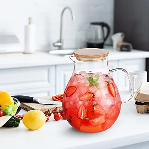 2.0 Liter Clear Glass Pitcher with Handle, Lid and Spout for Water, Iced  Tea, Carafe, Hot or Cold Beverages, Fruit Juice, High-Heat Resistance