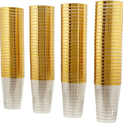50 Count Hard Plastic 12 Ounce Party Cups Old Fashioned Tumblers Ideal for Home, Office, Bars, Wedding, Bridal and Baby Shower, Birthday, Retirement, Anniversary, Parties (Gold Glitter with Gold Rim)