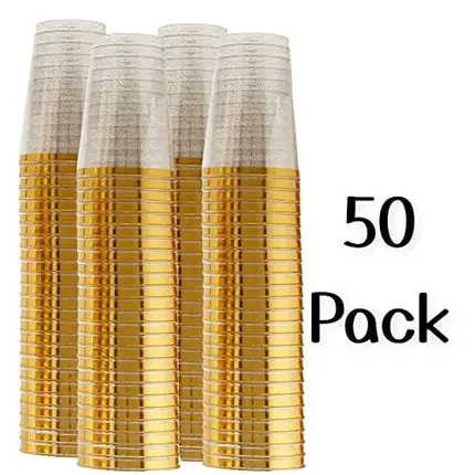 50 Count Hard Plastic 12 Ounce Party Cups Old Fashioned Tumblers Ideal for Home, Office, Bars, Wedding, Bridal and Baby Shower, Birthday, Retirement, Anniversary, Parties (Gold Glitter with Gold Rim)
