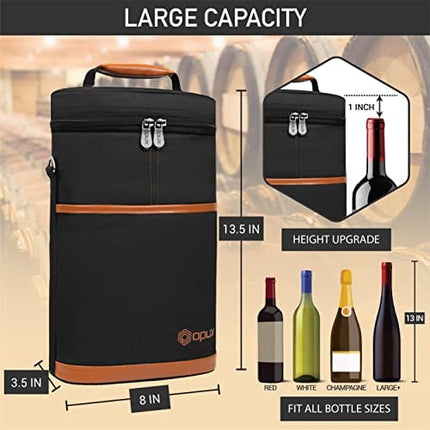 OPUX 2 Bottle Wine Carrier Tote, Insulated Wine Cooler Bag, Leakproof Travel Wine Tote for Picnic Travel BYOB, Padded Portable Wine Bottle Carrier, Gift for Wine Lover Women, Brown