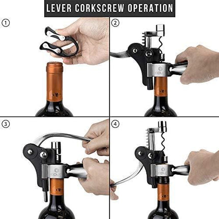 OPUX Wine Bottle Opener Corkscrew Set | Wine Opener Accessories Kit with Aerator, Foil Cutter, Stopper, Pourer, Drip Ring | Lever Wine Bottle Opener Tools Gift Box for Housewarming, Wedding (Silver)