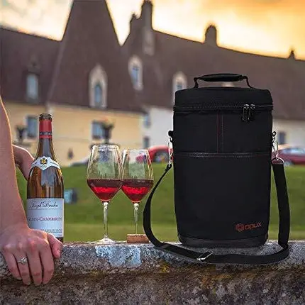OPUX 2 Bottle Wine Tote Carrier | Insulated Wine Cooler Bag for Travel Picnic BYOB | Portable Wine Carrying Bag, Padded Protection, Shoulder Strap, Corkscrew Opener - Black