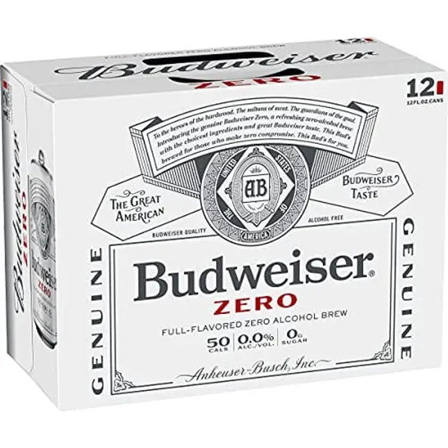 Orchard Hill [Pack of 12] Budweiser Full Flavored Zero Alcohol Brew, 0.00 ALC, NA Non-Alcoholic Beer, 50 Cal, Zero Sugar, Cans, 12 Fl Oz (Pack of 12)
