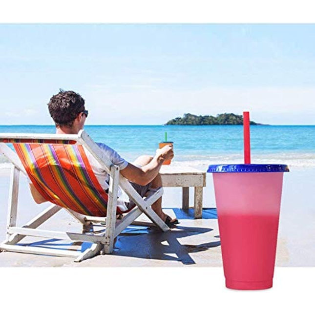 Color Changing Cups, 24 oz 5 Reusable Cups, Lids and Straws BPA Free - Adult Kids Coffee Cup Party Cup [2020 Newest]