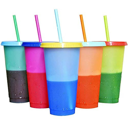 Color Changing Cups, 24 oz 5 Reusable Cups, Lids and Straws BPA Free - Adult Kids Coffee Cup Party Cup [2020 Newest]
