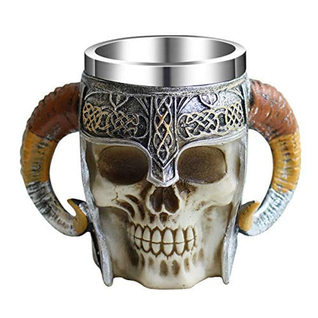 Otartu 13oz Double Handle Viking Ram Horn Skull Mugs Coffee Cups Beer Tankard Stainless Steel Liner Medieval Skull Drinkware Mug for Coffee/Beverage/Juice