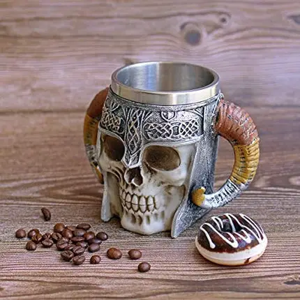 Otartu 13oz Double Handle Viking Ram Horn Skull Mugs Coffee Cups Beer Tankard Stainless Steel Liner Medieval Skull Drinkware Mug for Coffee/Beverage/Juice