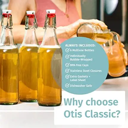 Otis Classic Swing Top Glass Bottles - Set of 6, 16oz w/ Marker & Labels - Clear Bottle with Caps for Juice, Water, Kombucha, Wine, Beer Brewing, Kefir Milk or Eggnog