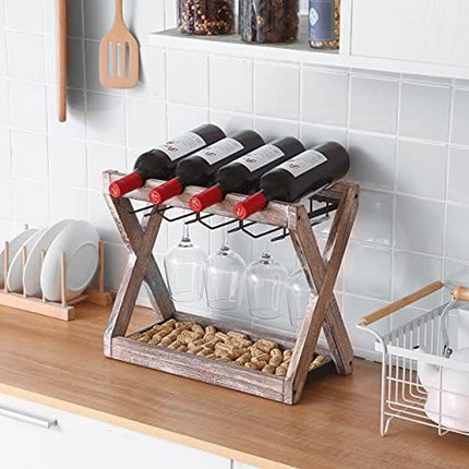 OUROLA Countertop Wine Rack Wine Glass Rack Tabletop Wooden Wine Bottle Holder, Hold 4 Wine Bottles and 8 Glasses, Perfect for Home & Kitchen Storage Rack Brown