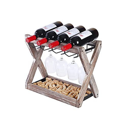 OUROLA Countertop Wine Rack Wine Glass Rack Tabletop Wooden Wine Bottle Holder, Hold 4 Wine Bottles and 8 Glasses, Perfect for Home & Kitchen Storage Rack Brown
