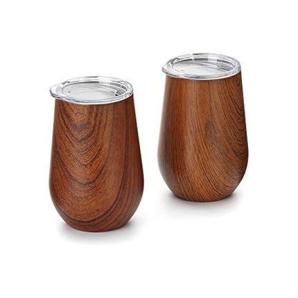 Outset Wood Grain Pattern Wine Tumbler with Lid, 2 Count (Pack of 1), Set of 2