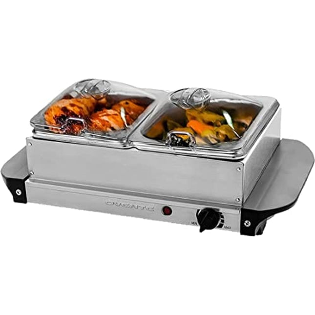 OVENTE Electric Food Buffet Server Warmer 2 Portable Stainless Steel Chafing Dishes Trays with Temperature Control & Easy Countertop Heating for Dinner Indoor Holiday Party & Catering, Silver FW152S