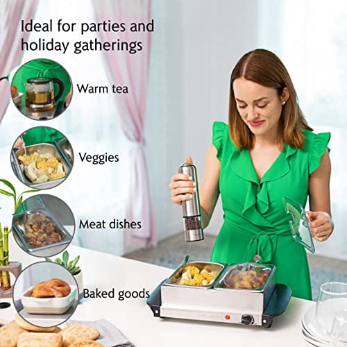  Chefman Electric Buffet Server + Warming Tray w/Adjustable  Temperature & 3 Chafing Dishes, Hot Plate Perfect for Holidays, Catering,  Parties, Events & Home Dinners, 14 x 14 Surface, Stainless Steel 