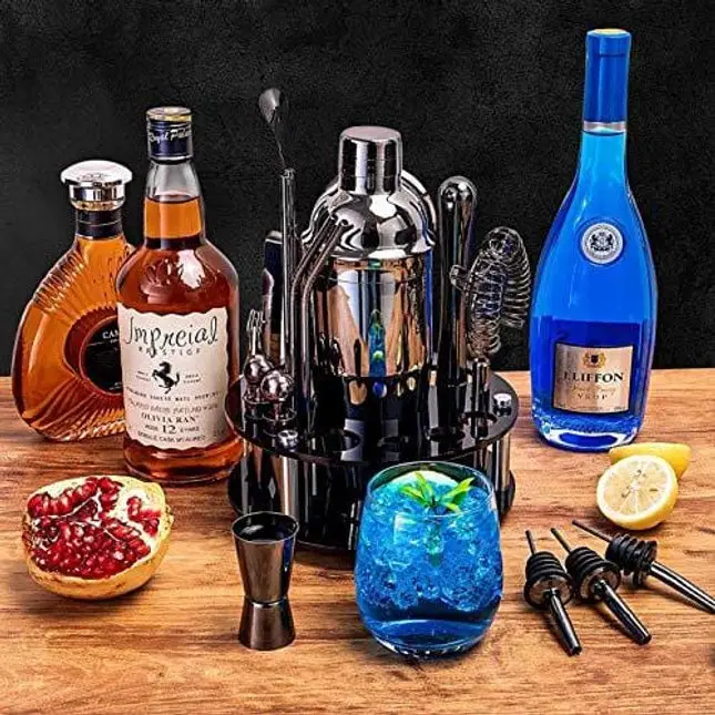 18 Piece Cocktail Shaker Set with Rotating Stand,Gifts for Men Dad Grandpa,Stainless Steel Bartender Kit Bar Tools Set,Home, Bars, Parties and Traveling (Gun-Metal Black)