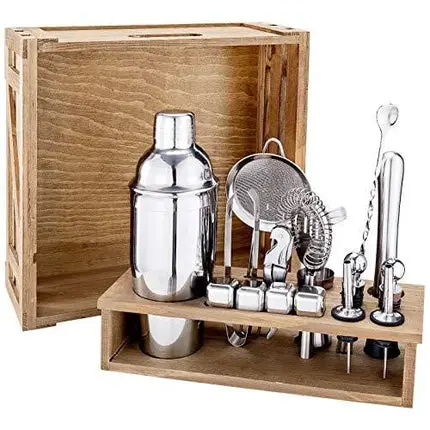 18 Piece Cocktail Shaker Set with Rustic Pine Stand,Gifts for Men Dad Grandpa,Stainless Steel Bartender Kit Bar Tools Set for Christmas Gift,Home, Bars, Parties and Traveling (Silver)