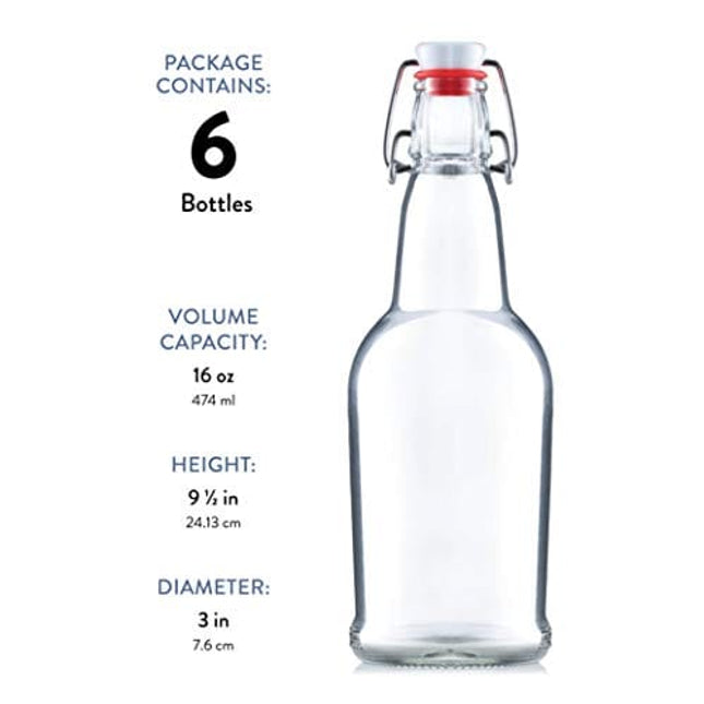 Paksh Novelty Glass Bottles - 16 Ounce Swing Top Beer Bottles with Flip-top Airtight Lid for Carbonated Drinks, Kombucha, 2nd Fermentation, Water - Grolsch Bottle