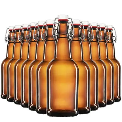 Amber Glass Swing Top Beer Bottles - 16 Ounce (12 Pack) Grolsch Bottles, with Flip-top Airtight Lid, for Carbonated Drinks, Kombucha, 2nd Fermentation, Water Kefir, UV Protection Brewing Bottle.