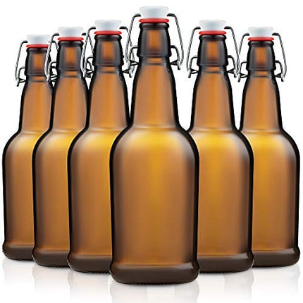 Amber Glass Swing Top Beer Bottles - 16-Ounce (6-Pack) Grolsch Bottles, with Flip-Top Airtight Lid, for Carbonated Drinks, Kombucha, 2nd Fermentation, Water Kefir, UV-Protection Brewing Bottle.