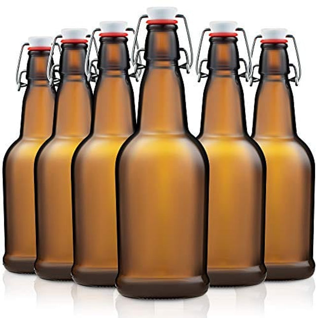 Amber Glass Swing Top Beer Bottles - 16-Ounce (6-Pack) Grolsch Bottles, with Flip-Top Airtight Lid, for Carbonated Drinks, Kombucha, 2nd Fermentation, Water Kefir, UV-Protection Brewing Bottle.