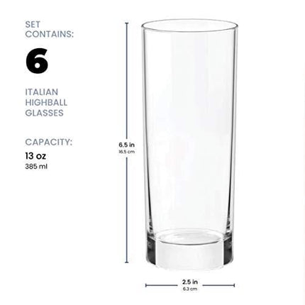 Advanced Mixology Italian Highball Glasses [Set of 6] Clear Heavy Base Tall Bar Glass - Drinking Glasses for Water, Juice, Beer, Wine, Whiskey, and Cocktails | 13 Ounce Cups