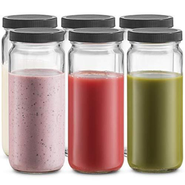 Travel Glass Drinking Bottle Mason Jar 16 Ounce [6-Pack] Plastic Airtight Lids, Reusable Glass Water Bottle for Juicing, Smoothies, Kombucha, Tea, Milk Bottles, Homemade Beverages Bottle,