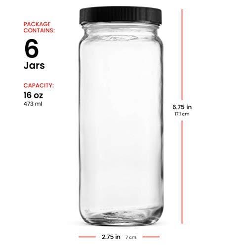 Travel Glass Drinking Bottle Mason Jar 16 Ounce [6-Pack] Plastic Airtight Lids, Reusable Glass Water Bottle for Juicing, Smoothies, Kombucha, Tea