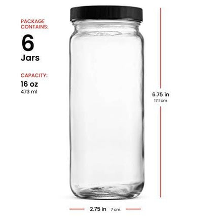 Travel Glass Drinking Bottle Mason Jar 16 Ounce [6-Pack] Plastic Airtight Lids, Reusable Glass Water Bottle for Juicing, Smoothies, Kombucha, Tea, Milk Bottles, Homemade Beverages Bottle,